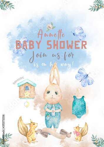 Cute happy birthday card with cartoon Bunny and baby room, butterfly and catoon. Watercolor isolated rabbit clip art and beauty boho ribbon sqirrel. Adorable floral. Baby Shower card nursery.