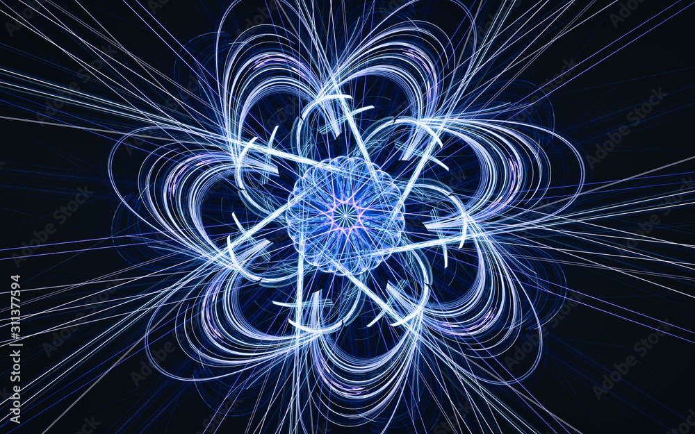 fantastic abstract symmetrical flower with petals consisting of a variety of geometric shapes of different colors on a black background
