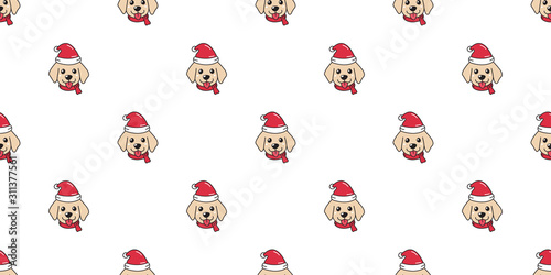 Cartoon cute labrador retriever dog with santa claus christmas hat seamless pattern background for design.
