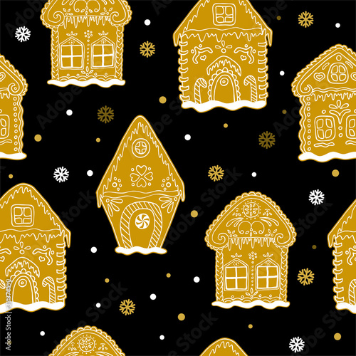 Seamless pattern with gingerbread house. Vector hand drawn gingerbread houses with snowflakes.