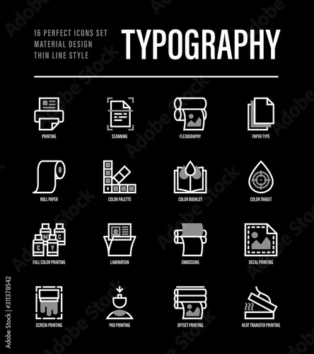 Typography, polygraphy thin line icons set. Printing, scanning, flexography, offset, roll paper, color palette, lamination, heat transfer printing, embossing. Vector illustration.