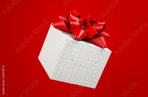 Fototapeta Naklejka Na Ścianę i Meble -  White gift box with glittering red bow and crossing ribbons isolated on a background. Decoration element for design. Square box with ornament. 3D illustration. 