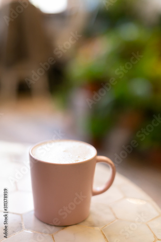 coffee mug outside on a table