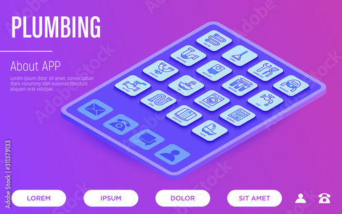 Plumbing web page template. Buttons on tablet with thin line isometric icons. Water meter, bathtub, sink, water filter, faucet, washing machine, dishwasher, siphon. Vector illustration.