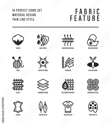 Fabric feature thin line icons set. Symbols of wool, synthetic, silk, antistatic, waterproof, leather, feather filler, eco-friendly, breatheable material. Vector illustration. photo