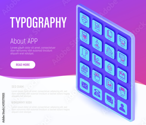 Typography, polygraphy web page template. Buttons on tablet with thin line isometric icons. Printing, scanning, flexography, offset, lamination, heat transfer printing. Vector illustration.