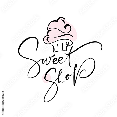 Sweet shop vector calligraphic text with logo. Sweet cupcake with cream, vintage dessert emblem template design element. Candy bar birthday or wedding invitation