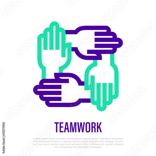 Teamwork symbol. Four hands holding each other. Business partners  collaboration thin line icon. Vector illustration.