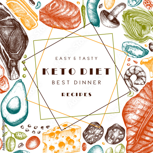 Ketogenic diet vector template. Hand drawn organic food and dairy products sketches. Keto diet wreath design  - meat, vegetables, grains, nuts, mushrooms. Perfect for menu, recipes, banner, flyer.