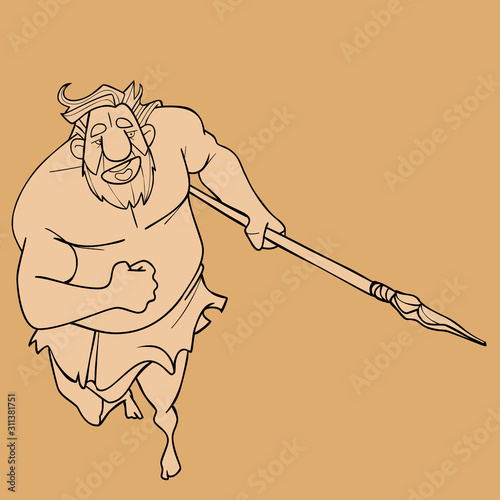 sketch of a cartoon running ancient neanderthal man with a spear in his hand