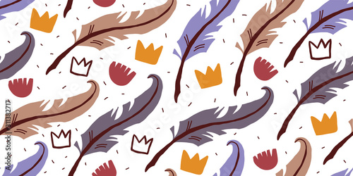 seamless pattern with feathers,  flowers, crowns