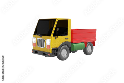 Small truck car with a body cartoon style realistic design yellow, red, green color. Kids toy isolated white background. Minimalistic transport concept. 3D rendering.