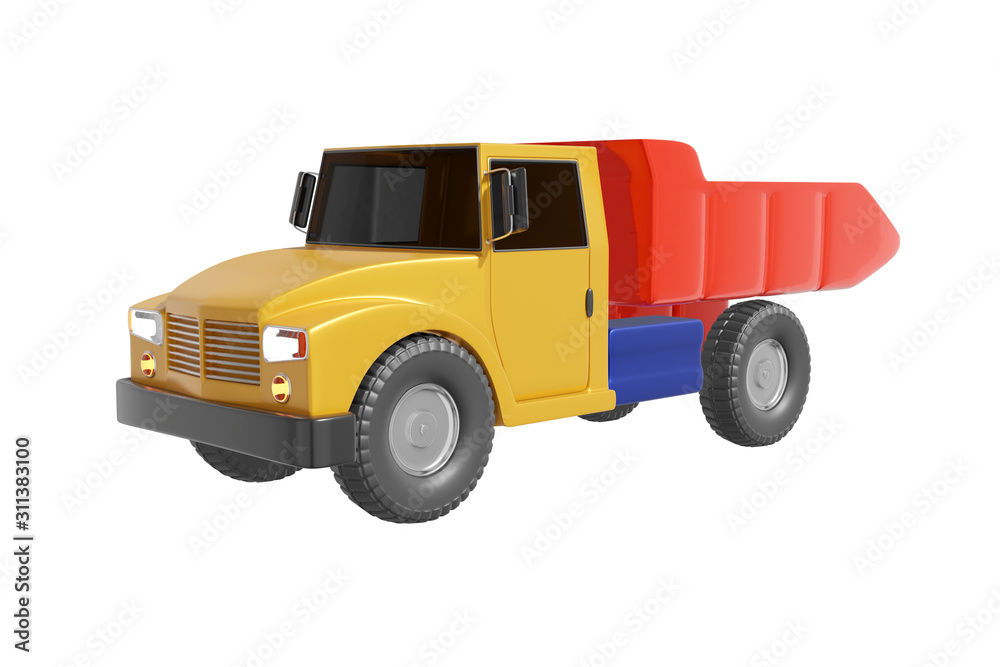 Big car dump truck with a body cartoon style realistic design yellow, red, blue color. Kids toy isolated white background. Minimalistic transport concept. 3D rendering.