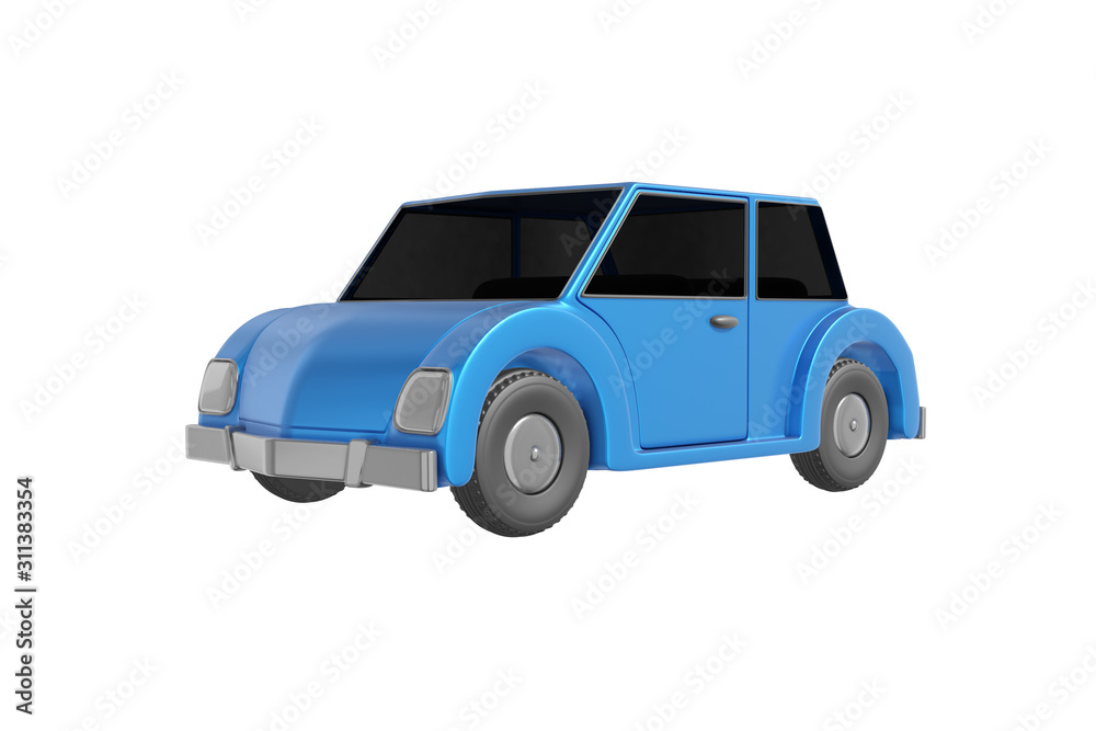 Passenger car cartoon style realistic design blue color. Kids toy isolated white background. Minimalistic transport retro concept. 3D rendering.