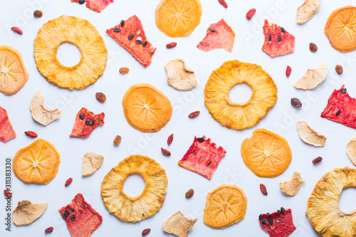 Obraz na plátně Dried fruits, dehydrated persimmon, watermelon, pineapple, apple chips