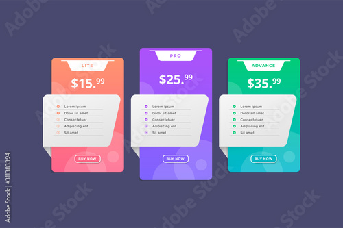 Modern colorful pricing table template. price list vector design template