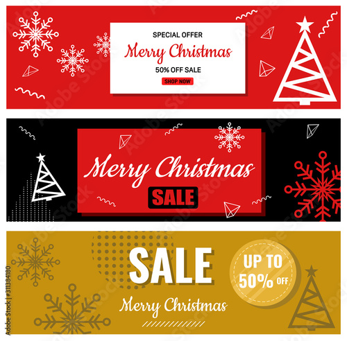 Merry Christmas Sale horizontal banner, trees, snowflakes on red  black gold background, Vector illustration, Special offer, Festive Holiday