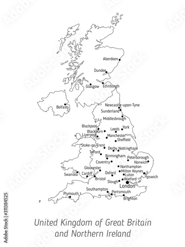 High detailed vector map - United Kingdom of Great Britain and Northern Ireland. Silhouette isolated on white background. Vector illustration. Map of the UK with city names