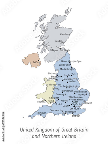 High detailed vector map - United Kingdom of Great Britain and Northern Ireland. Silhouette isolated on white background. Vector illustration. Map of the UK with city names