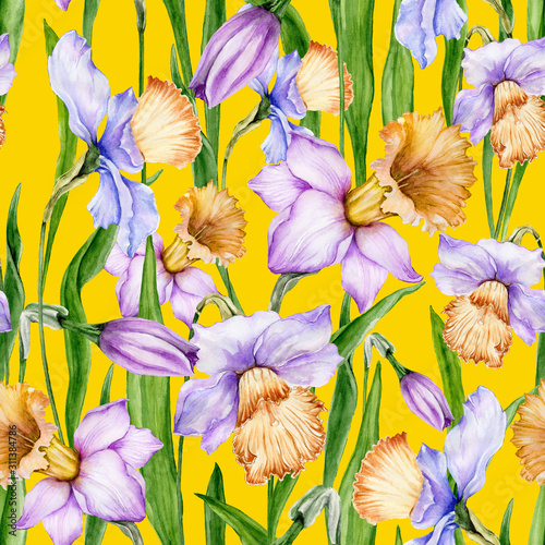Beautiful narcissus flowers with leaves on yellow background. Seamless spring floral pattern. Watercolor painting. Hand painted botanical illustration. Wallpaper, textile design.
