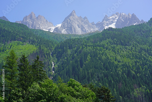 Summer landscape view of mountains and glaciers the Massif du Mont Blanc near Chamonix, France © eqroy