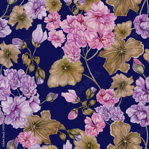 Beautiful floral background with pelargonium flowers and leaves on blue backg...
