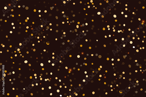 Seamless pattern with gold sequins on dark background. Golden glitter texture christmas abstract background. Magic dust (confetti). Glowing yellow bokeh circles luxury print. Vector eps 10.