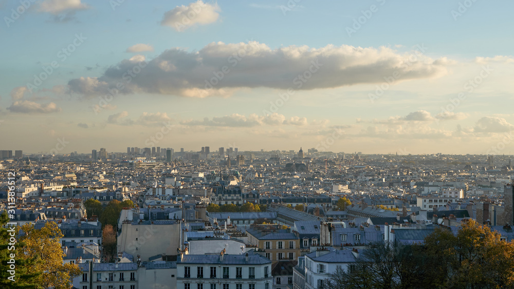 Panoramic aerial view of the Paris at sunset, Montmartre, France.