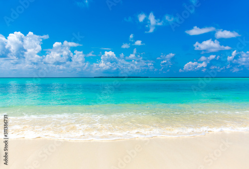 Maldives Beach amazing Nature Scenery turquoise color sea and bright blue color sky Funadhoo Beautiful Island in Maldive