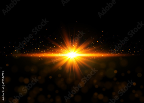 Abstract stylish light effect on a black background. Gold glowing neon line. Golden luminous dust and glares. Flash Light. luminous trail. Vector illustration. EPS 10