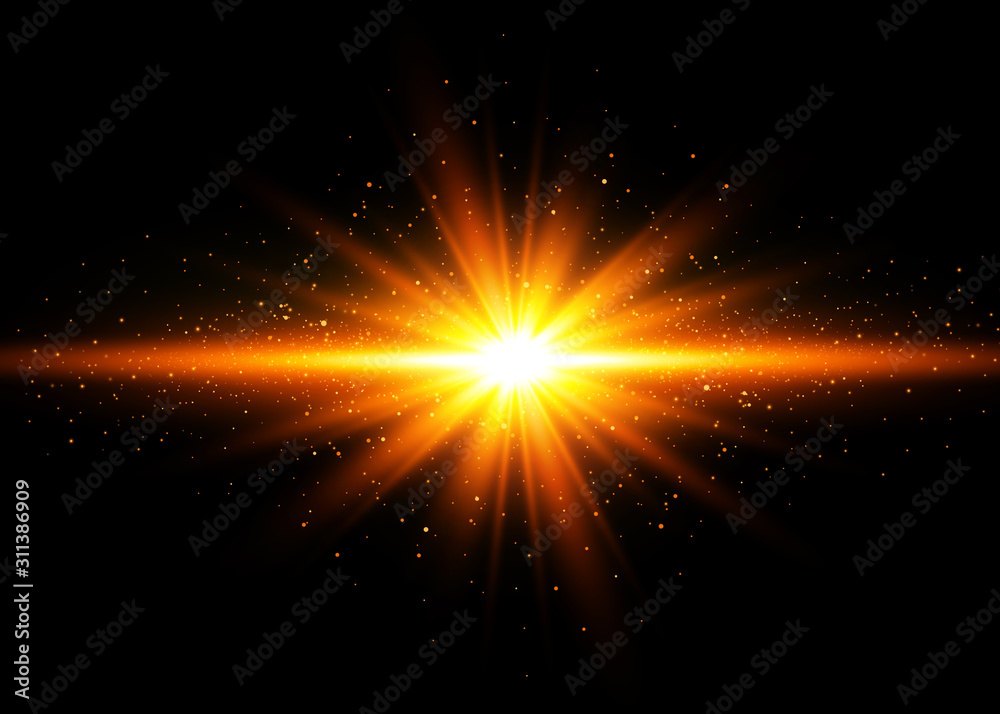 Abstract stylish light effect on a black background. Gold glowing neon line. Golden luminous dust and glares. Flash Light. luminous trail. Vector illustration. EPS 10