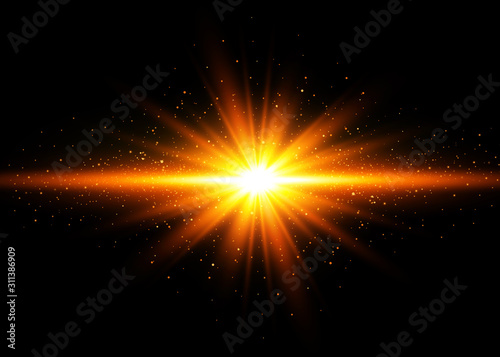 Abstract stylish light effect on a black background. Gold glowing neon line. Golden luminous dust and glares. Flash Light. luminous trail. Vector illustration. EPS 10