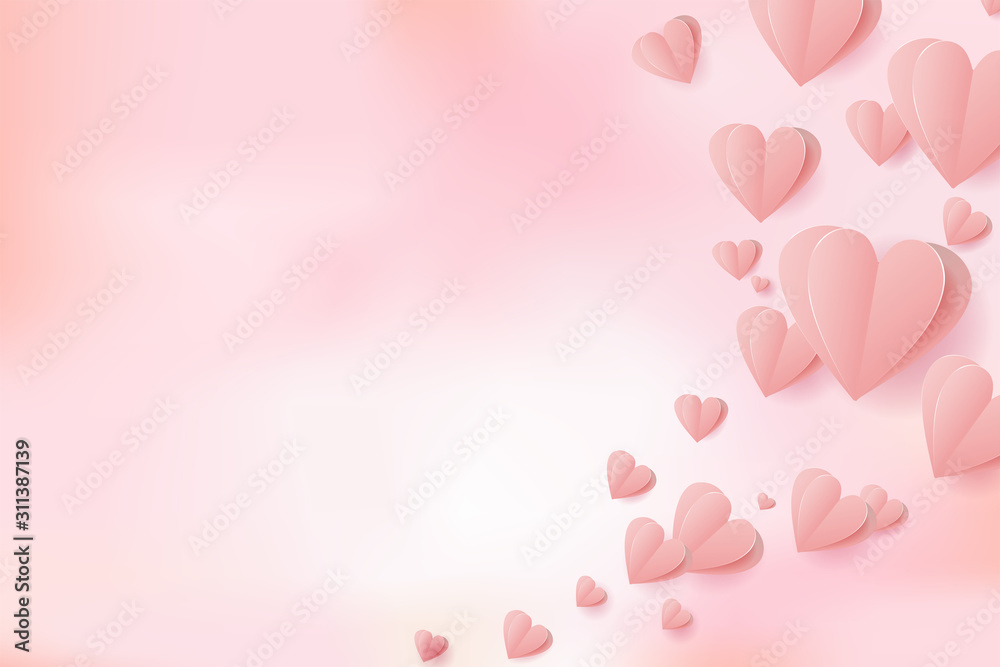 Valentines Paper cut hearts flying elements on pink mesh background for postcard. Vector symbols of love in shape of heart for Happy Women, Valentine's Day, birthday greeting card design.