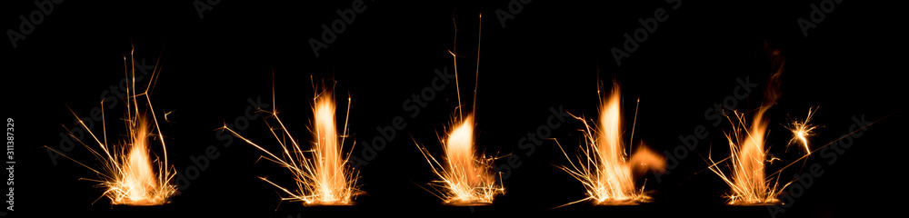 set of fire of lighter in black background. fire grow in the dark