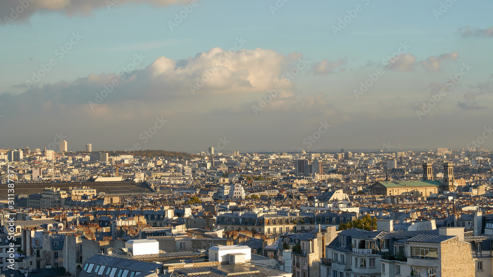 Panoramic aerial view of the Paris at sunset, Montmartre, France.