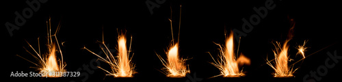 set of fire of lighter in black background. fire grow in the dark