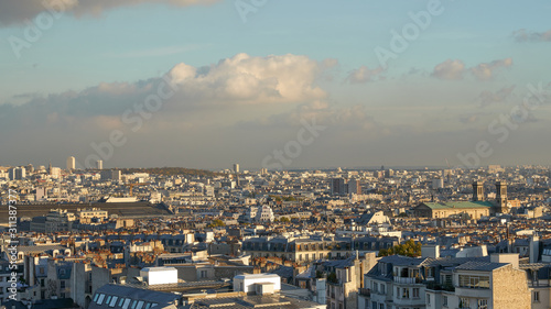 Panoramic aerial view of the Paris at sunset, Montmartre, France.