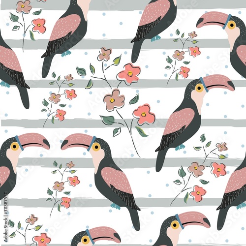 Toucan Bird Seamless pattern with black stripes and dots. Hand Drawn.