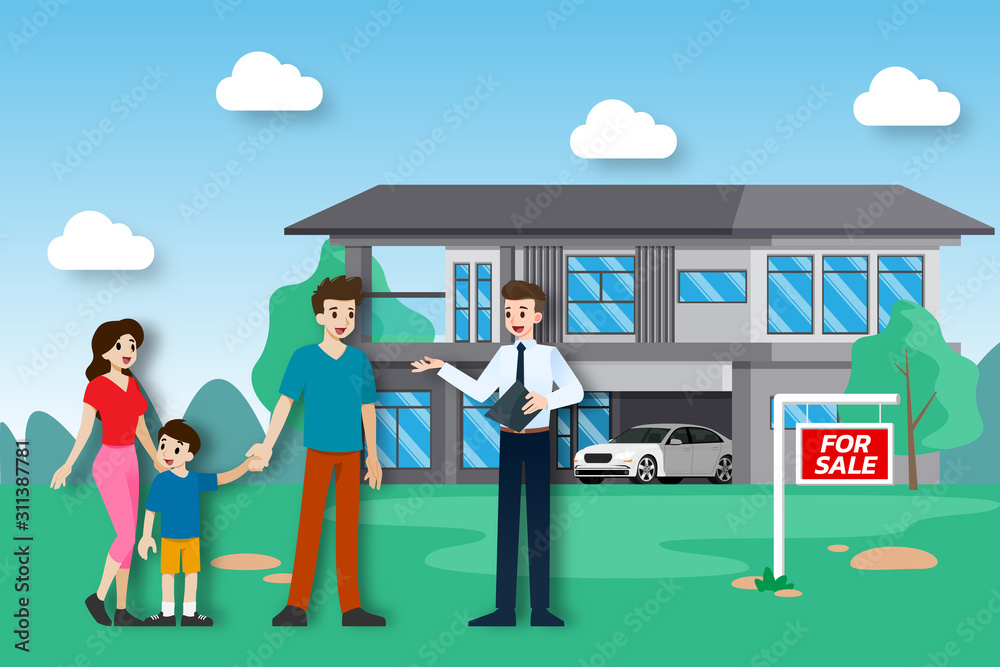 The realtor shows and presenting the new beautiful modern Real Estate for sale to client with family. Vector illustration in flat design. The realtor shows and presenting the new beautiful modern Real Estate for sale to client with family. Vector illustration in flat design.