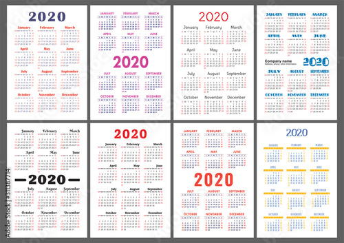 Calendar 2020 year. Vector template collection. Colorful English pocket calender set. Week starts on Sunday