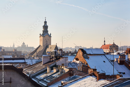 Panorama of snow-covered roofs of houses Lviv ,Ukraine