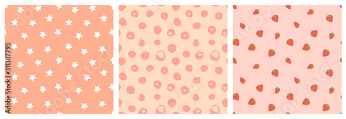 Wallpaper Mural Kid's seamless pattern. Smiling strawberry. Abstract background. Stars. Exotic fruit fashion print. Design elements for baby textile or clothes. Hand drawn doodle repeating delicacies.  Torontodigital.ca