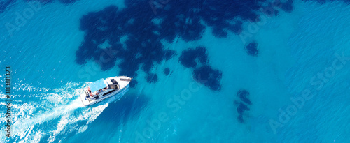 Aerial drone ultra wide panoramic photo of tropical exotic seascape in Indian ocean island with turquoise beautiful sea