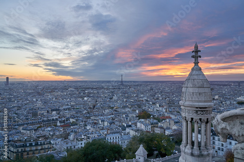 Panorama of the Paris and Eiffel Tower at sunset from the top of Montmartre, France.