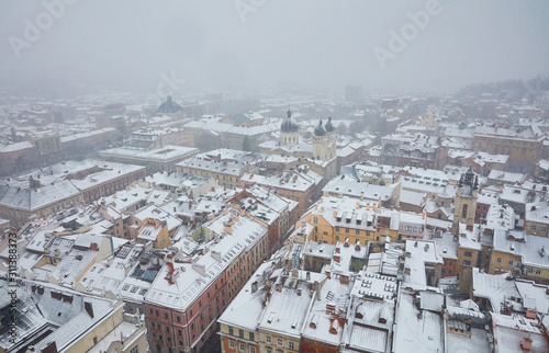 Snow-covered view from the tower to Lviv , Ukraine