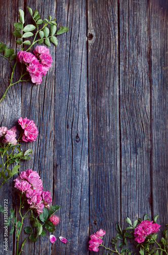 wooden rustic old table texture with foliage frame and pink flowers