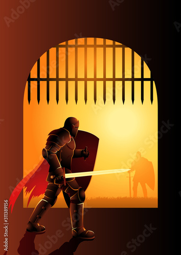 Knight waiting by the front gate for a duel
