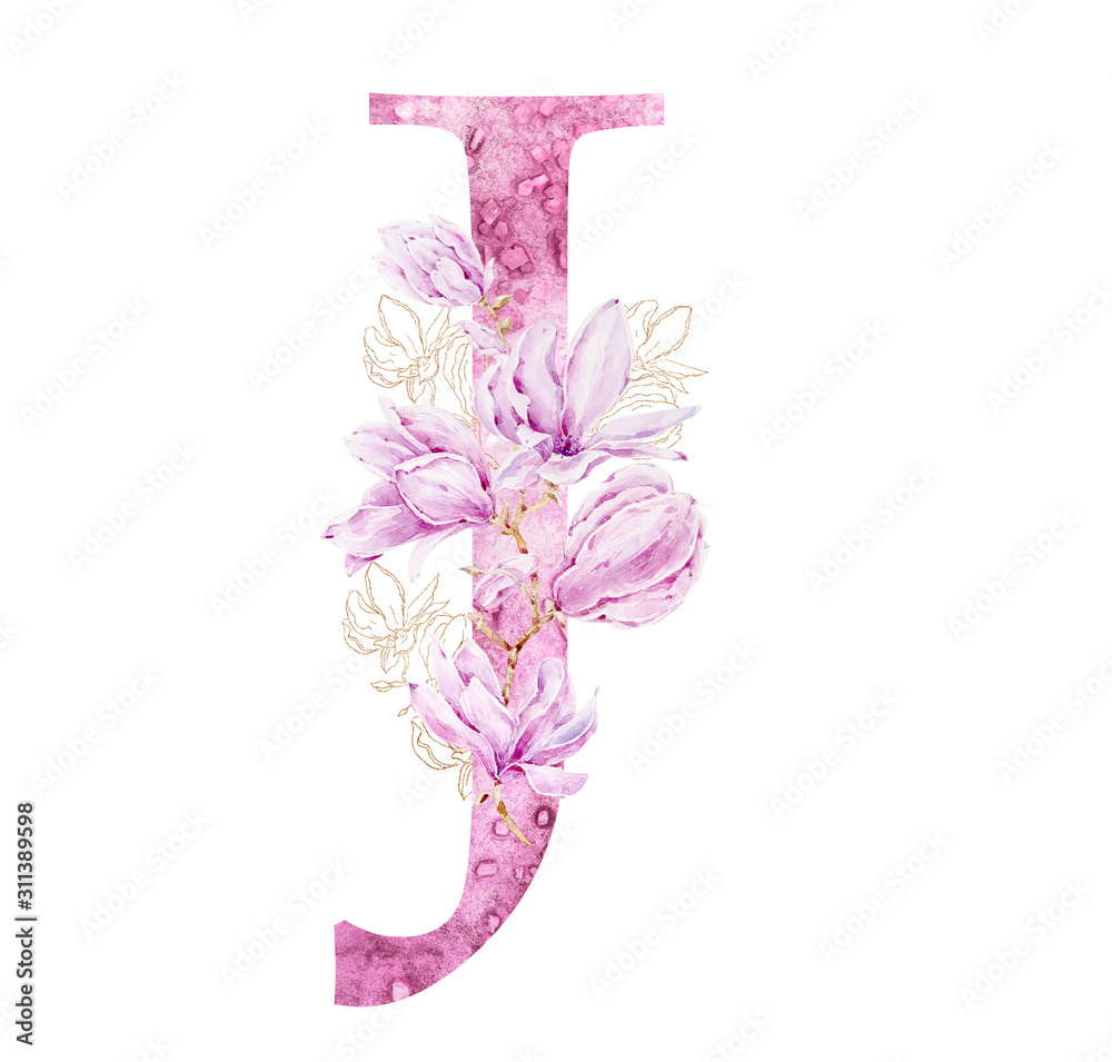 Obraz premium Watercolor pink and gold magnolia flowers inscribed in the letter 