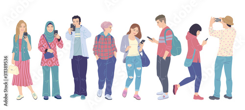 Men and Women with Smartphones Flat Illustration