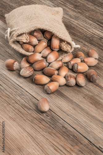 raw hazelnuts in a burlap sack on wooden table